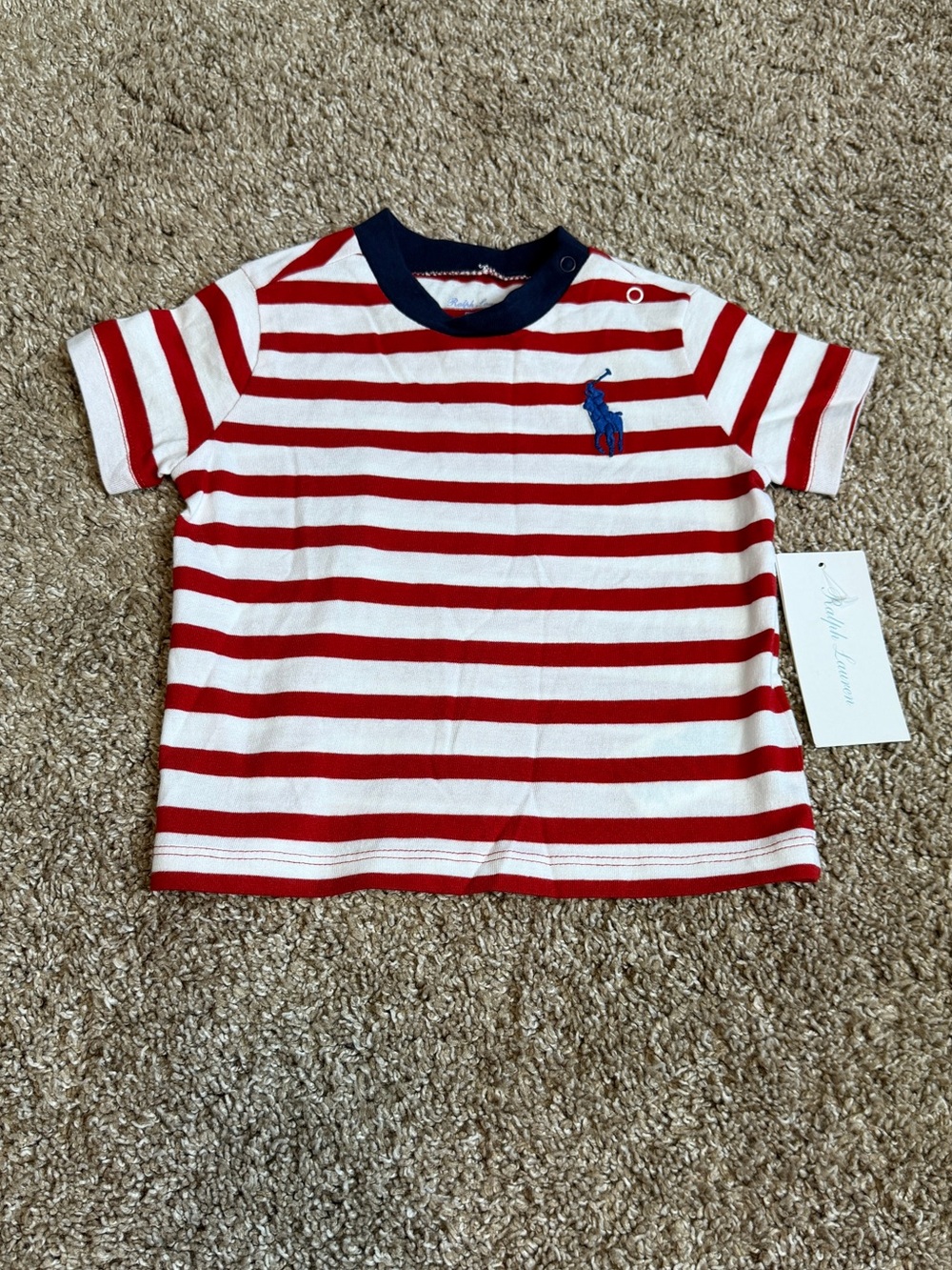 Ralph Lauren Baby Boy Red White Stripe Tee 6 Months Blue Collar Logo Cotton